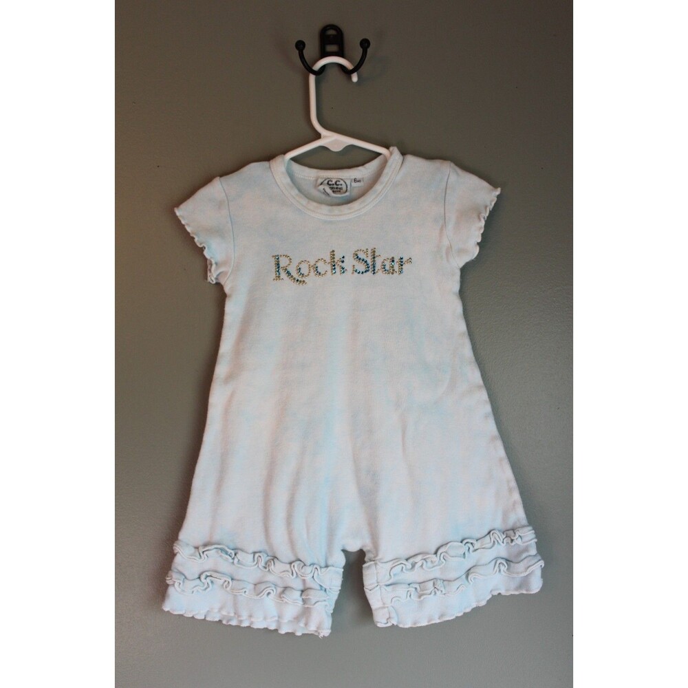 C.C. Clothing Baby Girls Blue "Rock Star" Romper with Ruffles Size 6M